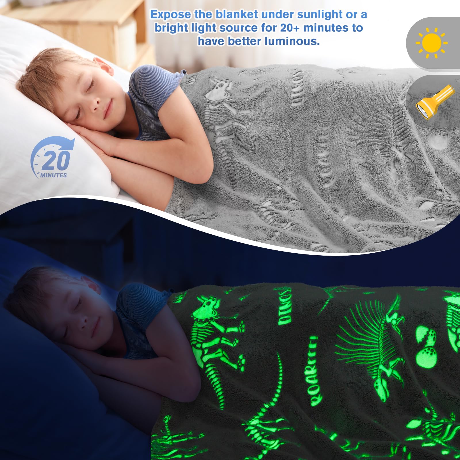 Dinosaur Toys Gifts for Kids Boys - Dino Glow in The Dark Blanket Best Birthday Christmas Valentines Easter Presents for Girls Toddler Age 1 2 3 4 5 6 7 8 9 10 Years Old Child Teen Soft Throw 50"x60"