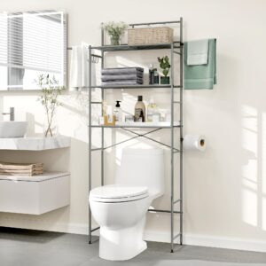 mallcreaty over the toilet storage, 3 tier bathroom organizer shelf with x-shaped bar, above toilet storage rack with 4 hooks, grey