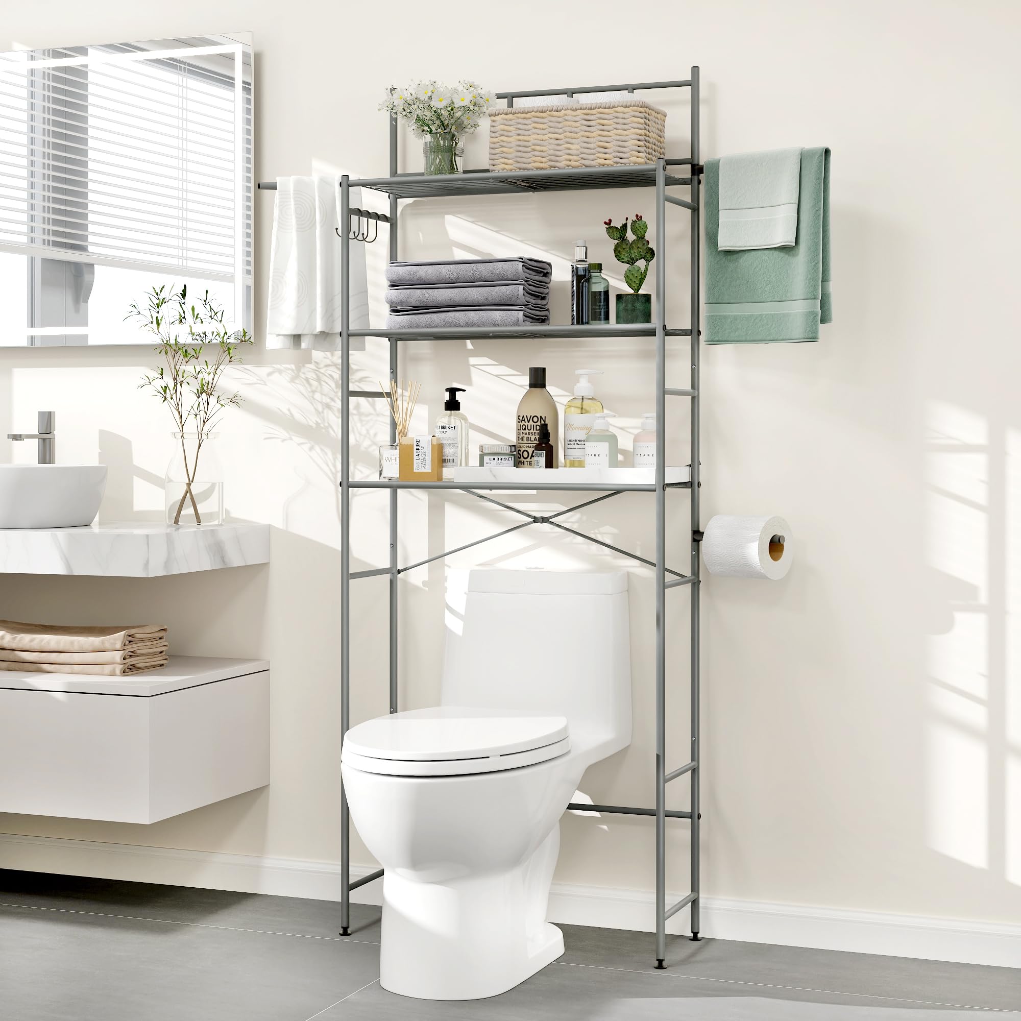 MallCreaty Over The Toilet Storage, 3 Tier Bathroom Organizer Shelf with X-Shaped Bar, Above Toilet Storage Rack with 4 Hooks, Grey