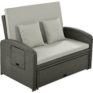 Wicker Patio Outdoor Daybed with Adjustable Backrest, Outdoor Sun Bed with Storage Ottoman & Foldable Trays, Wicker Rattan Daybed with Cushions and Pillows for Poolside, Porch, Backyard (Grey)