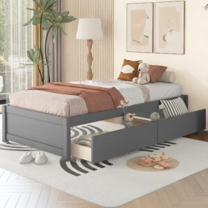 twin size bed frame with 2 storage drawers,twin kids bed,solid wood platform bed twin for kids, teens, adults, grey