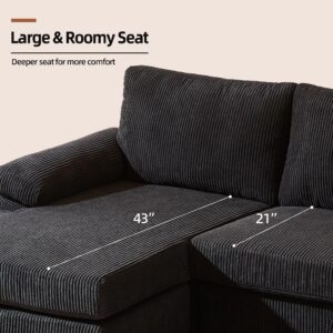 POUUIN 100" Corduroy Convertible Sectional Sofa Couches for Living Room,3 Seater L Shaped Sofa Couch with Reversible Chaise,Comfy Deep Seat Sofa for Office Apartment (Black 1)