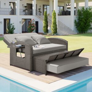 Wicker Patio Outdoor Daybed with Adjustable Backrest, Outdoor Sun Bed with Storage Ottoman & Foldable Trays, Wicker Rattan Daybed with Cushions and Pillows for Poolside, Porch, Backyard (Grey)