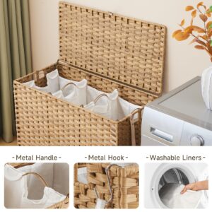 Laundry Hamper with Wheels, 52.8 Gallon(200L) Rolling Laundry Basket with Lid, 3-Section Rattan Clothes Hamper with 3 Removable Liner & 3 Mesh Laundry Bags, Laundry Sorter with Side Pocket, Natural