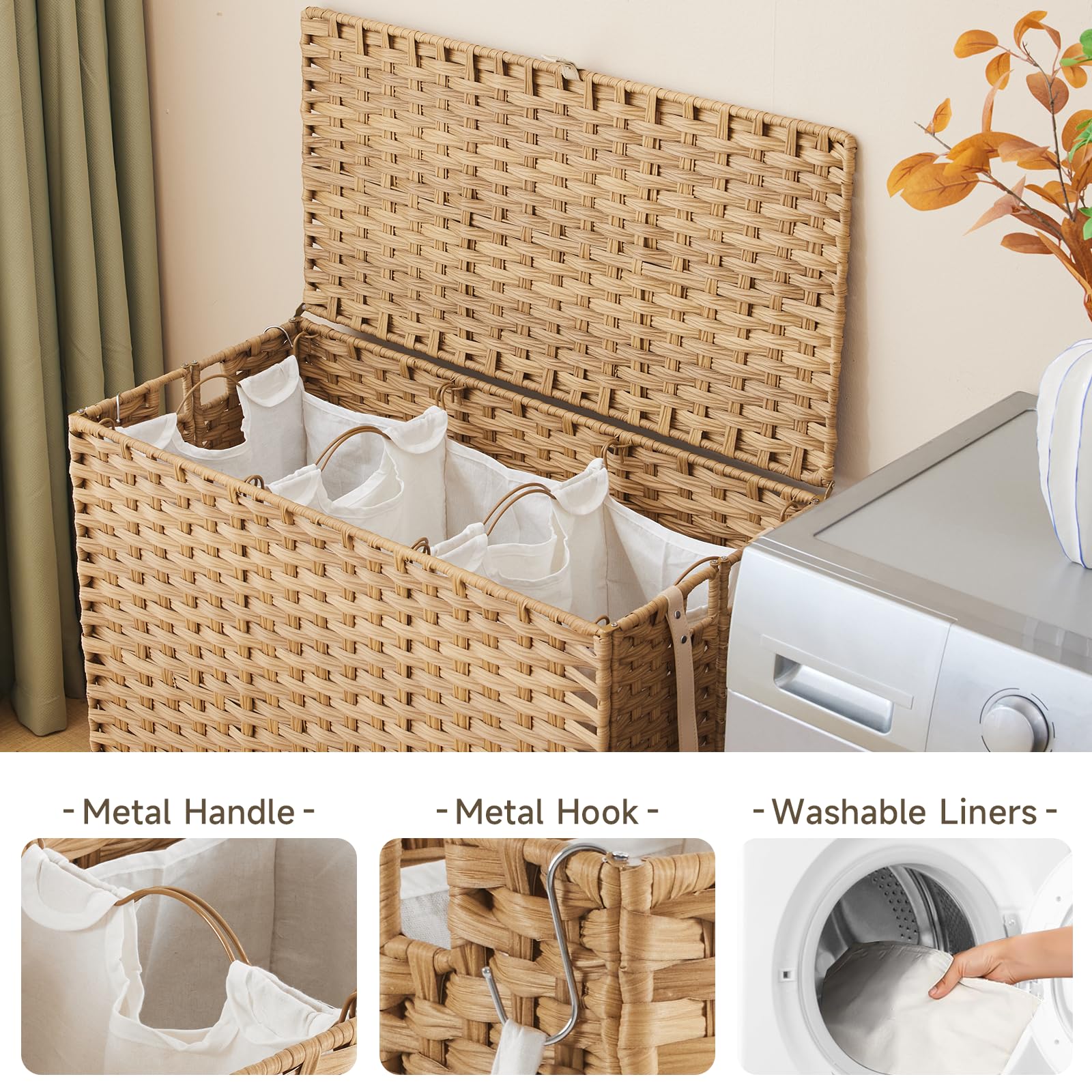 Laundry Hamper with Wheels, 52.8 Gallon(200L) Rolling Laundry Basket with Lid, 3-Section Rattan Clothes Hamper with 3 Removable Liner & 3 Mesh Laundry Bags, Laundry Sorter with Side Pocket, Natural