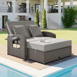 wicker patio outdoor daybed with adjustable backrest, outdoor sun bed with storage ottoman & foldable trays, wicker rattan daybed with cushions and pillows for poolside, porch, backyard (grey)