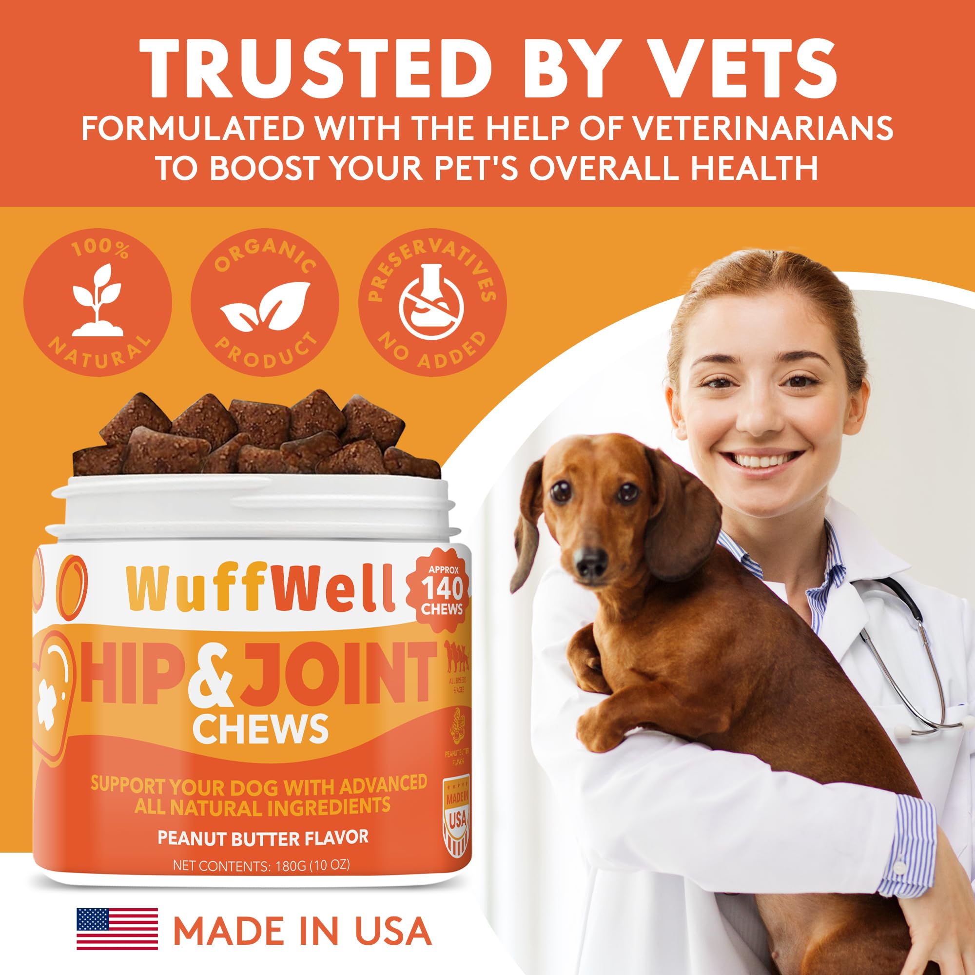 WuffWell Dog Hip and Joint Supplement - Pain and Inflammation Relief Chews with Glucosamine, Chondroitin, MSM, Turmeric - 140ct - Treats Hip Dysplasia, Arthritis - Dogs Chewable Supplements - USA Made