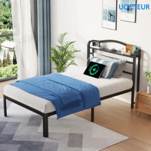 UOMEUR Twin XL Size Bed Frames with Smart Outlet and Galaxy Holographic Projection Lights,47.6" H Heavy Duty Metal Headboard,17" Hidden Storage,No Box Spring Needed/Noise-Free/Easy Assembly