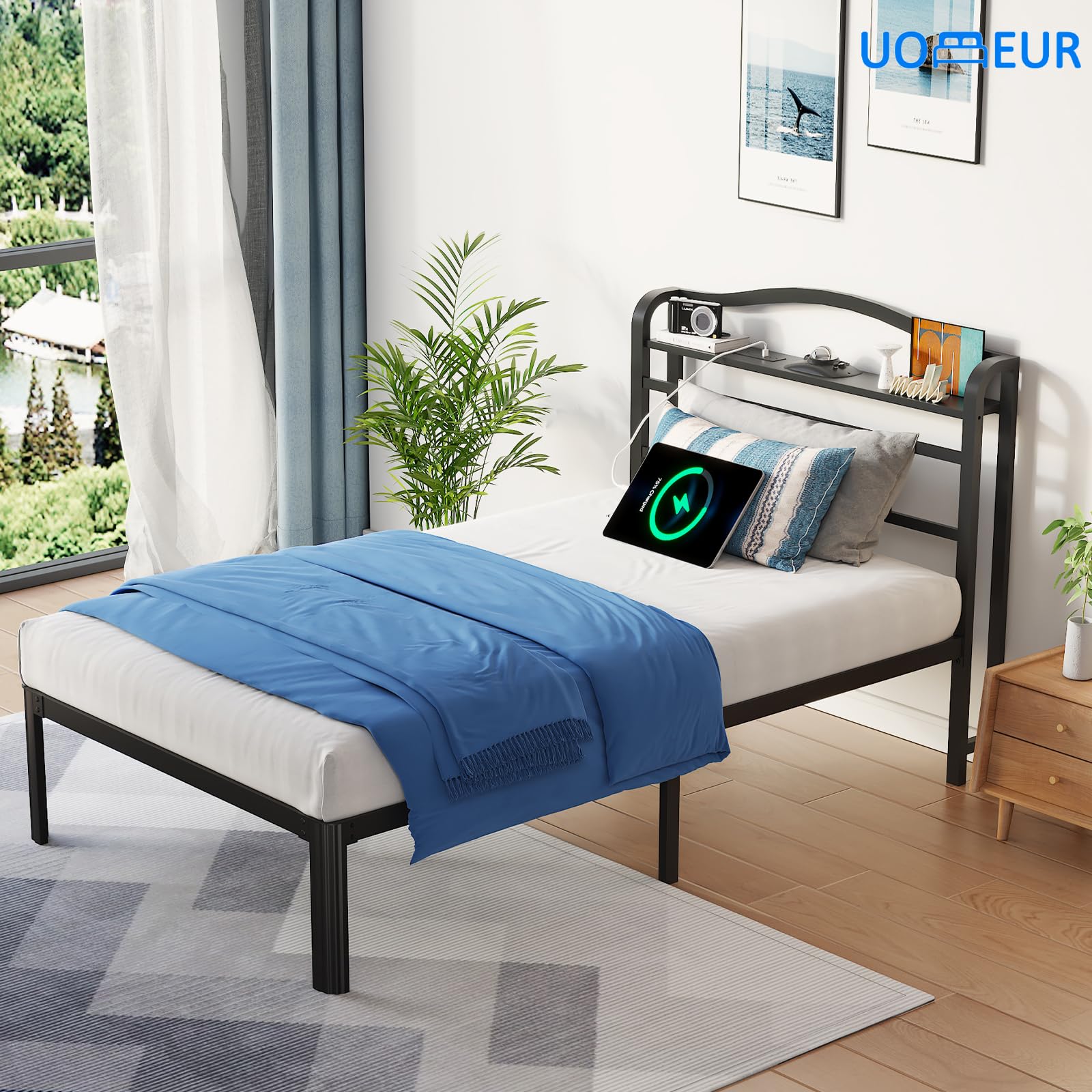 UOMEUR Twin XL Size Bed Frames with Smart Outlet and Galaxy Holographic Projection Lights,47.6" H Heavy Duty Metal Headboard,17" Hidden Storage,No Box Spring Needed/Noise-Free/Easy Assembly