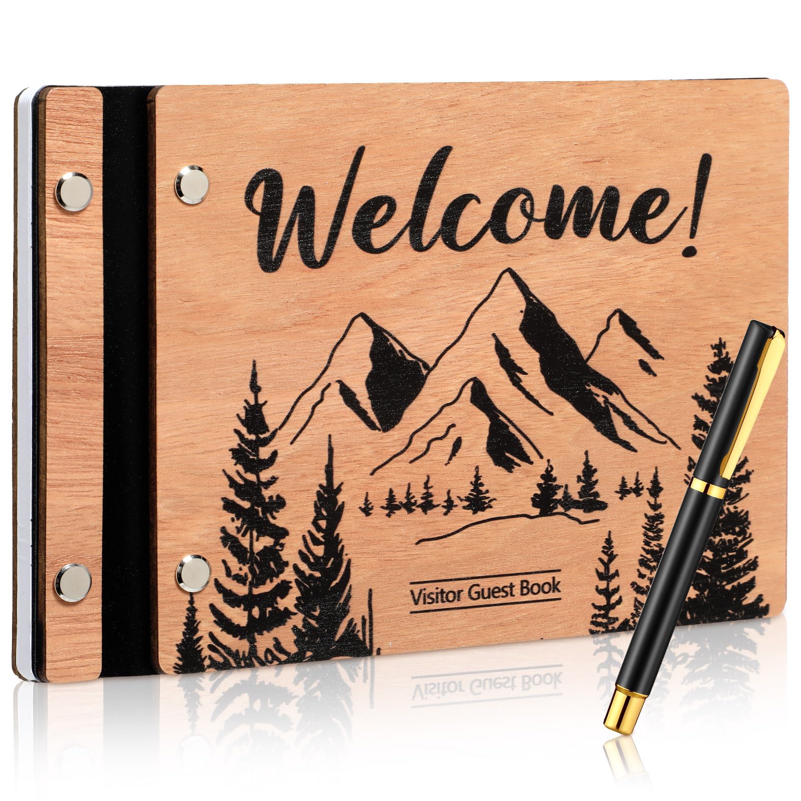 Skyygemm Visitor Wooden Guest Book with Pen 8 x 6 Inches 120 Pages Memory Scrapbook Rustic Signature Party Sign in Book Xmas Gift for Couple Guests Book