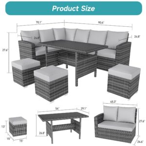 IDEALHOUSE 7 Pieces Outdoor Dining Set,Patio Sectional Sofa Conversation Set All Weather Wicker Rattan Couch Dining Table & Chair with Ottoman Grey