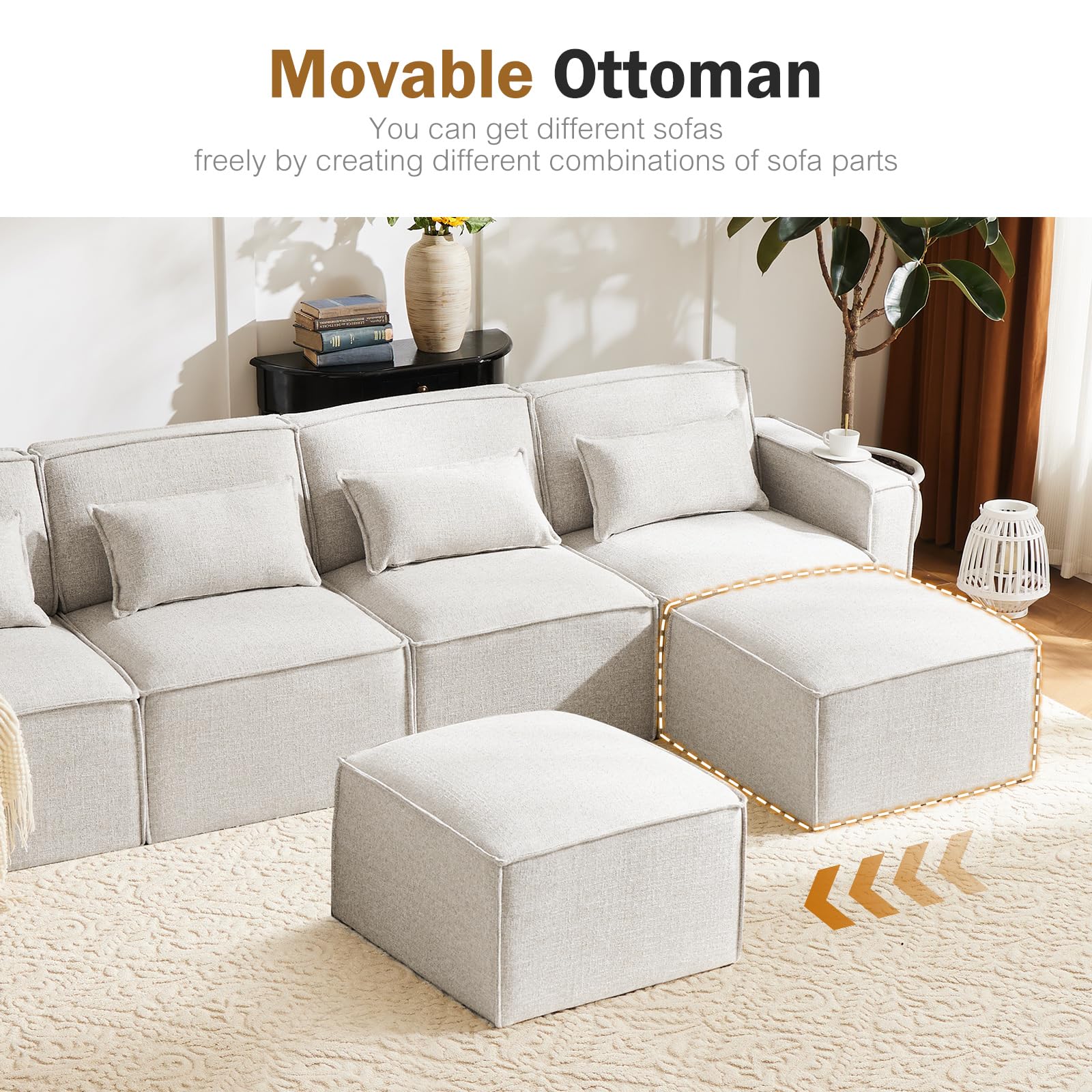 ABCASA Ottoman Module for Modular Sectional Couch, Square Storage Ottoman Footrest, Mix White/Grey