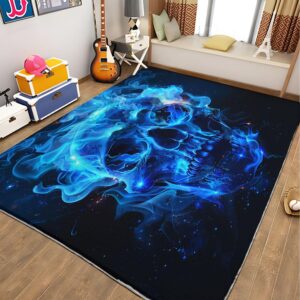 Generic Machine Washable Area Rug Non-Shedding & Easy Care Horror Theme, Skull, Blue Flames Rugs for Living Room, Dining, Kitchen, Office, Entryway, Bedroom, Hardwood Floor Decor 3ft x 5ft