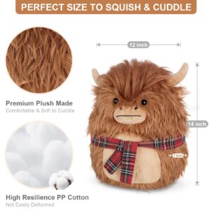 SuzziPals 14'' Highland Cow Stuffed Animals Plush Pillows, Scarf Scottish Highland Cattle Plushies, Soft Stuffed Cow Plush Toys for Cuddle & Squish, Highland Cow Decor Highland Cow Gifts for Kid Adult