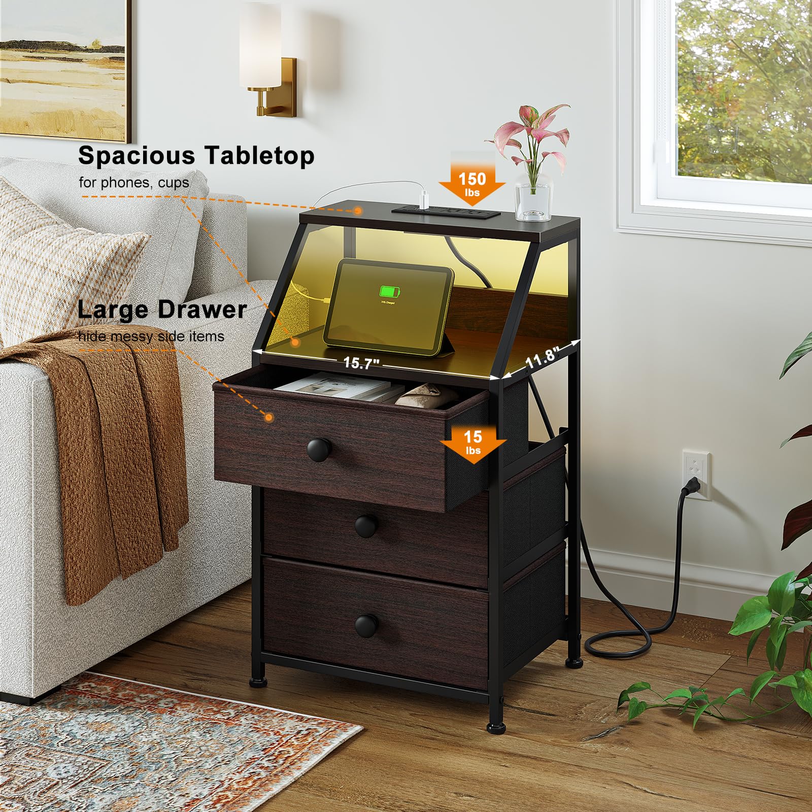 REAHOME Nightstand with Charging Station and Led Light, Tall Brown Bedside Table with 3 Fabric Drawers and 2-Tier Storage Shelves, Modern Night Stands with Wooden Top for Bedroom - Dark Brown