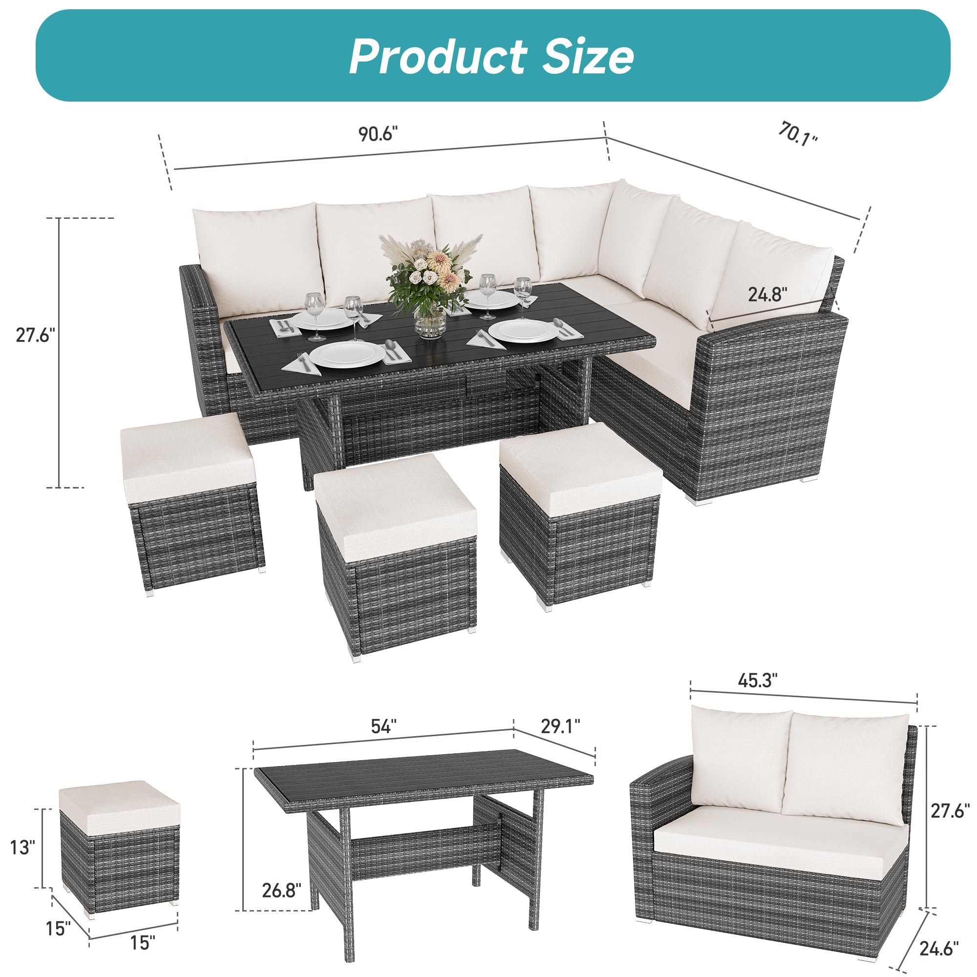 IDEALHOUSE 7 Pieces Outdoor Dining Set,Patio Sectional Sofa Conversation Set All Weather Wicker Rattan Couch Dining Table & Chair with Ottoman Beige