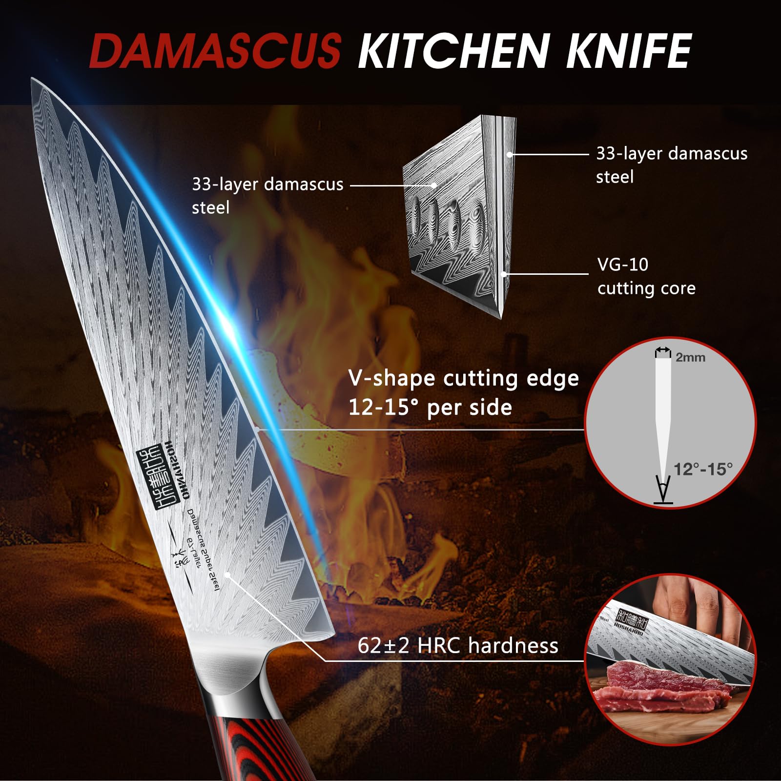 HOSHANHO 3 Pieces Damascus Kitchen Knife Set Ultra-Sharp Knives Set, Professional Chef Knife Set With G10 Ergonomic Handle,Gift Box