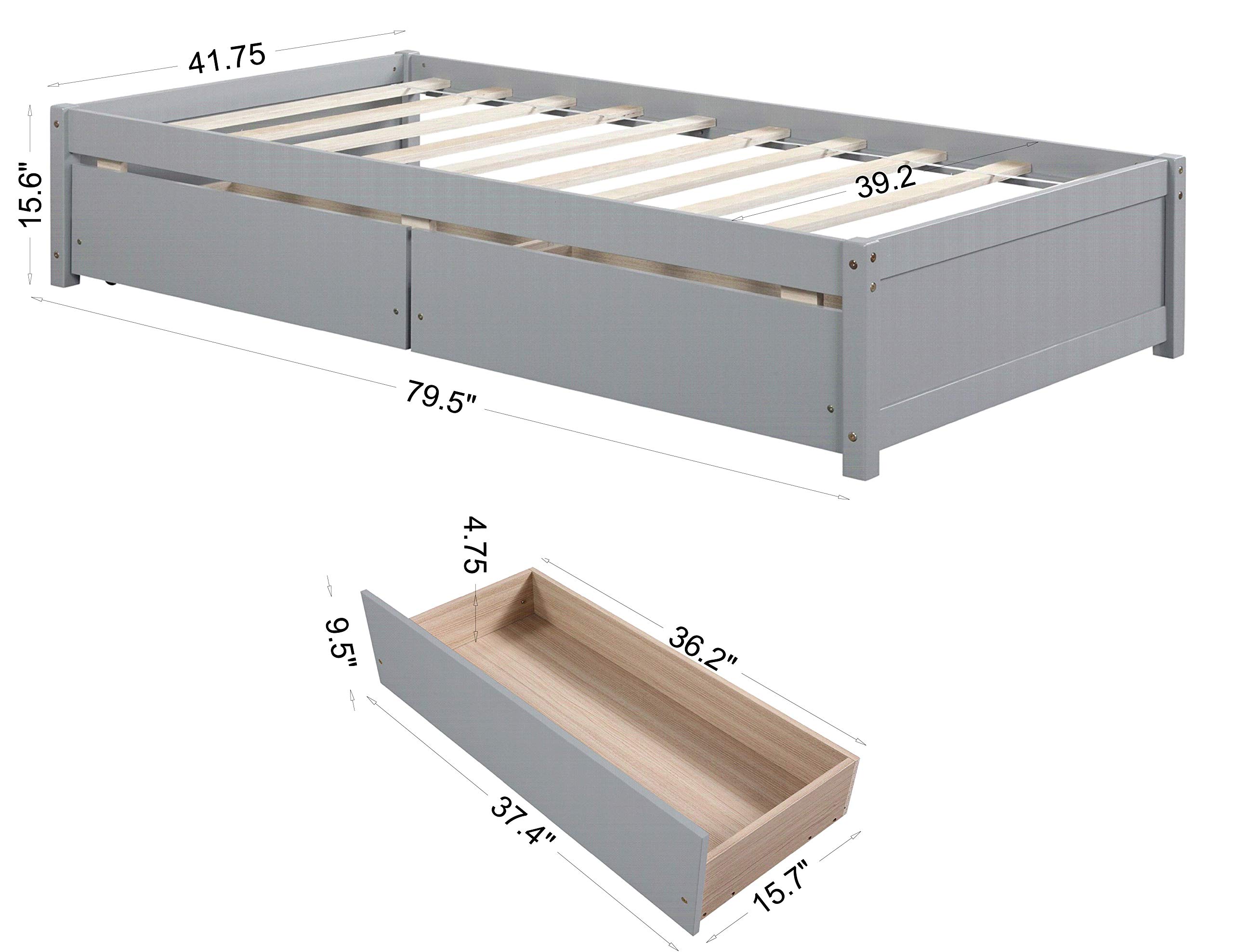 Twin Size Bed Frame with 2 Storage Drawers,Twin Kids Bed,Solid Wood Platform Bed Twin for Kids, Teens, Adults, Grey