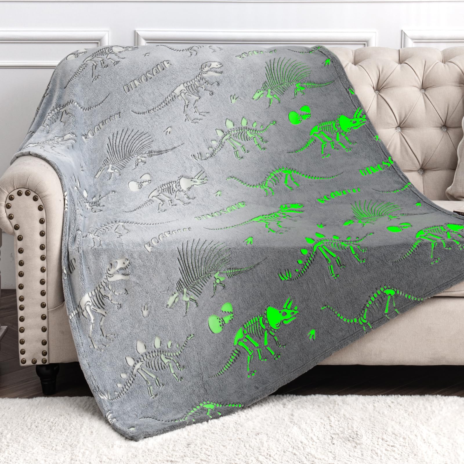 Dinosaur Toys Gifts for Kids Boys - Dino Glow in The Dark Blanket Best Birthday Christmas Valentines Easter Presents for Girls Toddler Age 1 2 3 4 5 6 7 8 9 10 Years Old Child Teen Soft Throw 50"x60"