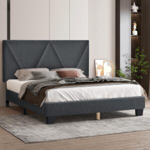 FINATI Queen Bed Frame, Wood Platform Bed Frame Queen Size with Fully Fabric Upholstered Headboard/Mattress Foundation/Strong Wooden 10-Slats Support, Noise Free, No Box Spring Needed, Easy Assembly