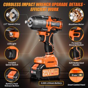 Cordless Impact Wrench, 900Ft-lbs (1200N.m) 1/2" Brushless Impact Gun, 21V High Torque Power Impact Driver, 2x4.0Ah Batteries Electric Impact Motor Variable Speeds for Car/Truck RV/Mower