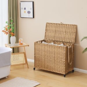 Laundry Hamper with Wheels, 52.8 Gallon(200L) Rolling Laundry Basket with Lid, 3-Section Rattan Clothes Hamper with 3 Removable Liner & 3 Mesh Laundry Bags, Laundry Sorter with Side Pocket, Natural