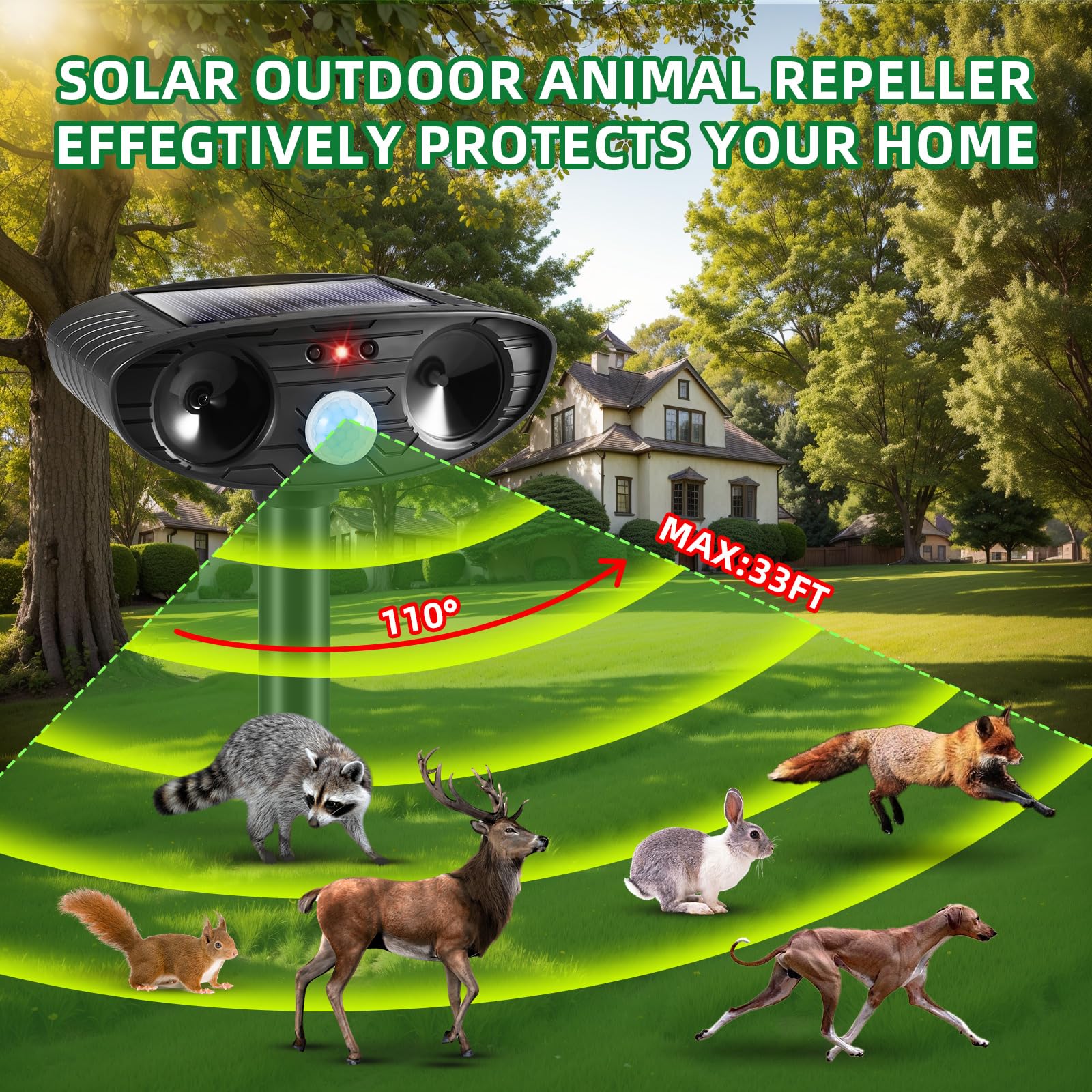 Ultrasonic Animal Repellent Outdoor Solar Animal Repeller with Motion Detection Cat Deterrent Outdoor Deer Repellent Device to Scare Coyote Raccoon Squirrel Rabbit Skunk Repellent for Yard (4)