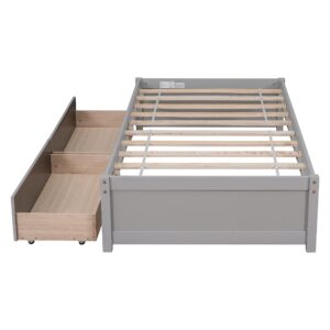 Twin Size Bed Frame with 2 Storage Drawers,Twin Kids Bed,Solid Wood Platform Bed Twin for Kids, Teens, Adults, Grey