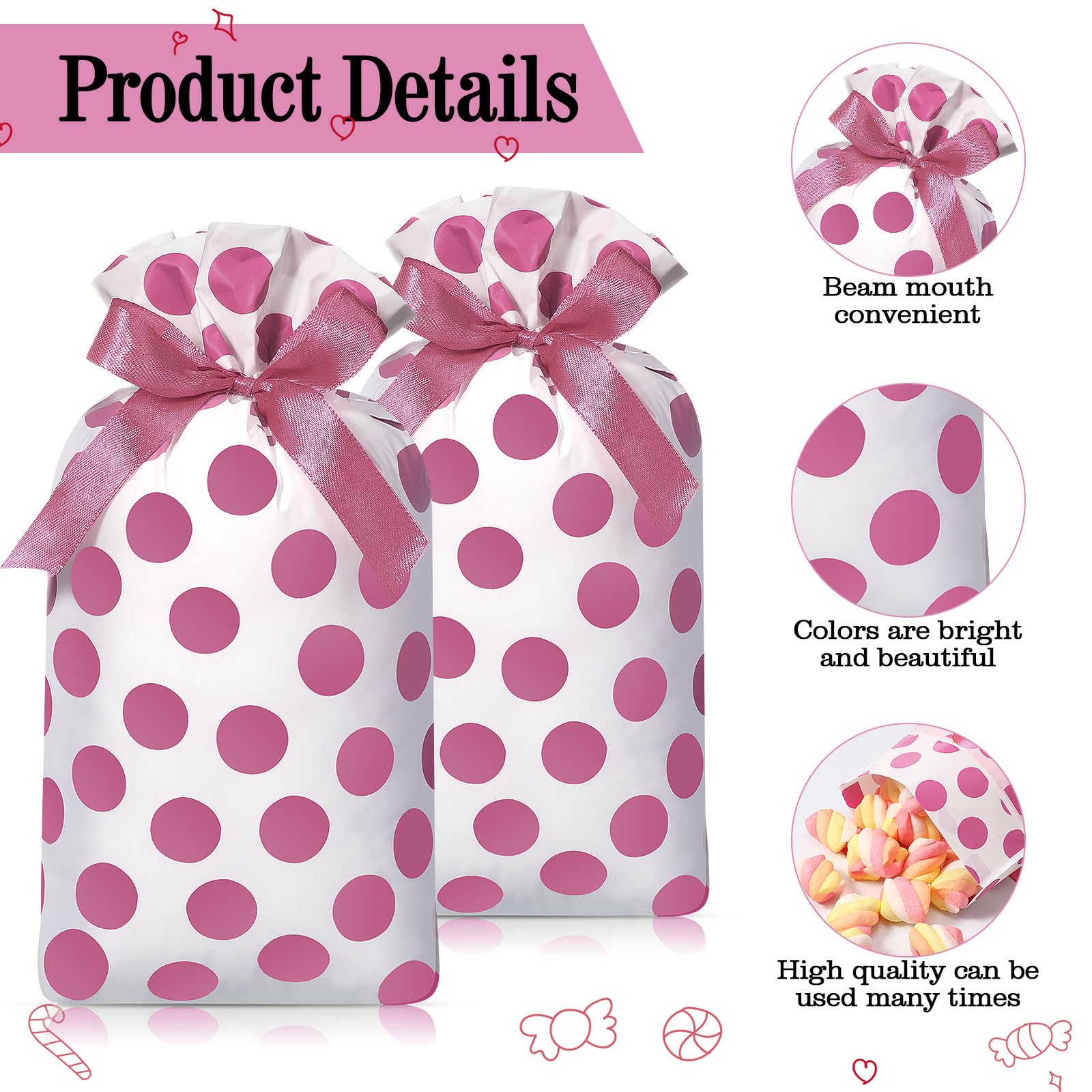 Bulyoou 50 Pcs Polka Dots Bags Bulk Dots Cellophane Treat Bags Candy Goodies Treat Bags Gift Watercolor Dots Plastic Wrapping Package for Birthday Party Snack Food Storage(Pink)