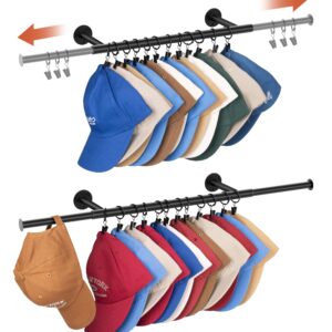 AOODA Adjustable Hat Rack for Wall, Hold up to 30 Caps Hat Organizer for Baseball Caps, Metal Wall Mounted Hat Holder Hanger for Closet, Bedroom, Set of 2, Black