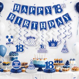 Vicycaty PRE-STRUNG 18th Birthday Decorations for Men, Happy 18th Birthday Banner Hanging Swirls Honeycomb Centerpieces Tabletop Blue, 18 Years Old Birthday Party Photo Booth Backdrop Decor Supplies