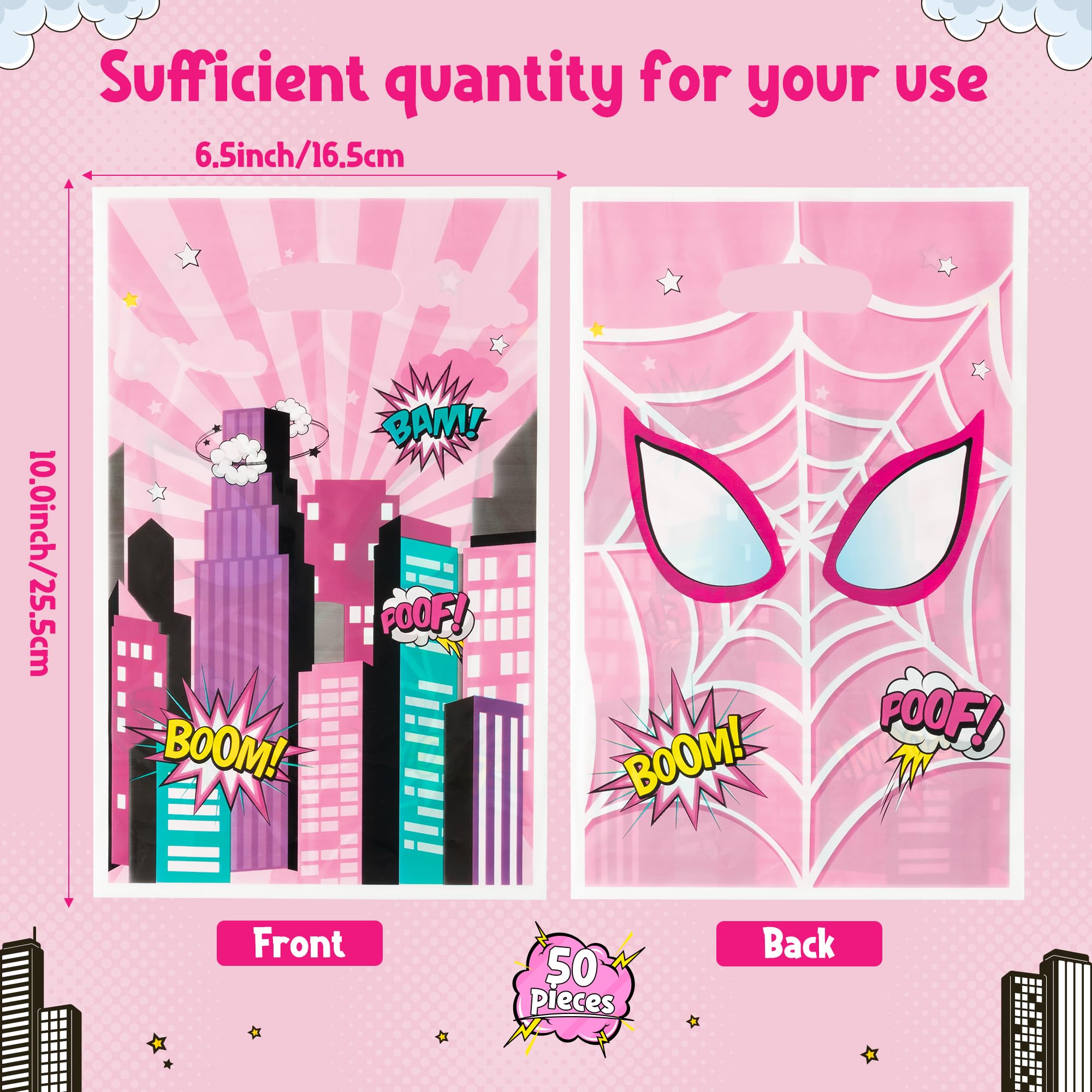 Andi Cppss Pink Spider Party Bags - 50PCS Pink Spider Party Gift Bags for Kids, Plastic Goodies Bags with Handle for Pink Spider Theme Party Supplies, Baby Show Birthday Party Treat Candy Snack Bags