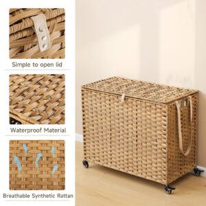 Laundry Hamper with Wheels, 52.8 Gallon(200L) Rolling Laundry Basket with Lid, 3-Section Rattan Clothes Hamper with 3 Removable Liner & 3 Mesh Laundry Bags, Laundry Sorter with Side Pocket, Natural