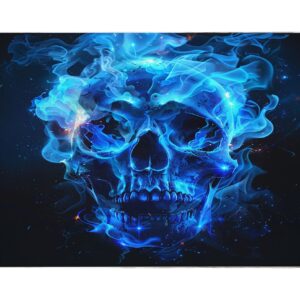 Generic Machine Washable Area Rug Non-Shedding & Easy Care Horror Theme, Skull, Blue Flames Rugs for Living Room, Dining, Kitchen, Office, Entryway, Bedroom, Hardwood Floor Decor 3ft x 5ft