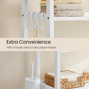 SONGMICS Over The Toilet Storage Shelf with Toilet Paper Holder, Bamboo Bathroom Organizer with Adjustable Shelves, 10.2 x 32.7 x 72.8 Inches, 4 Hooks, Storage Rack, Cloud White UBTS017W01