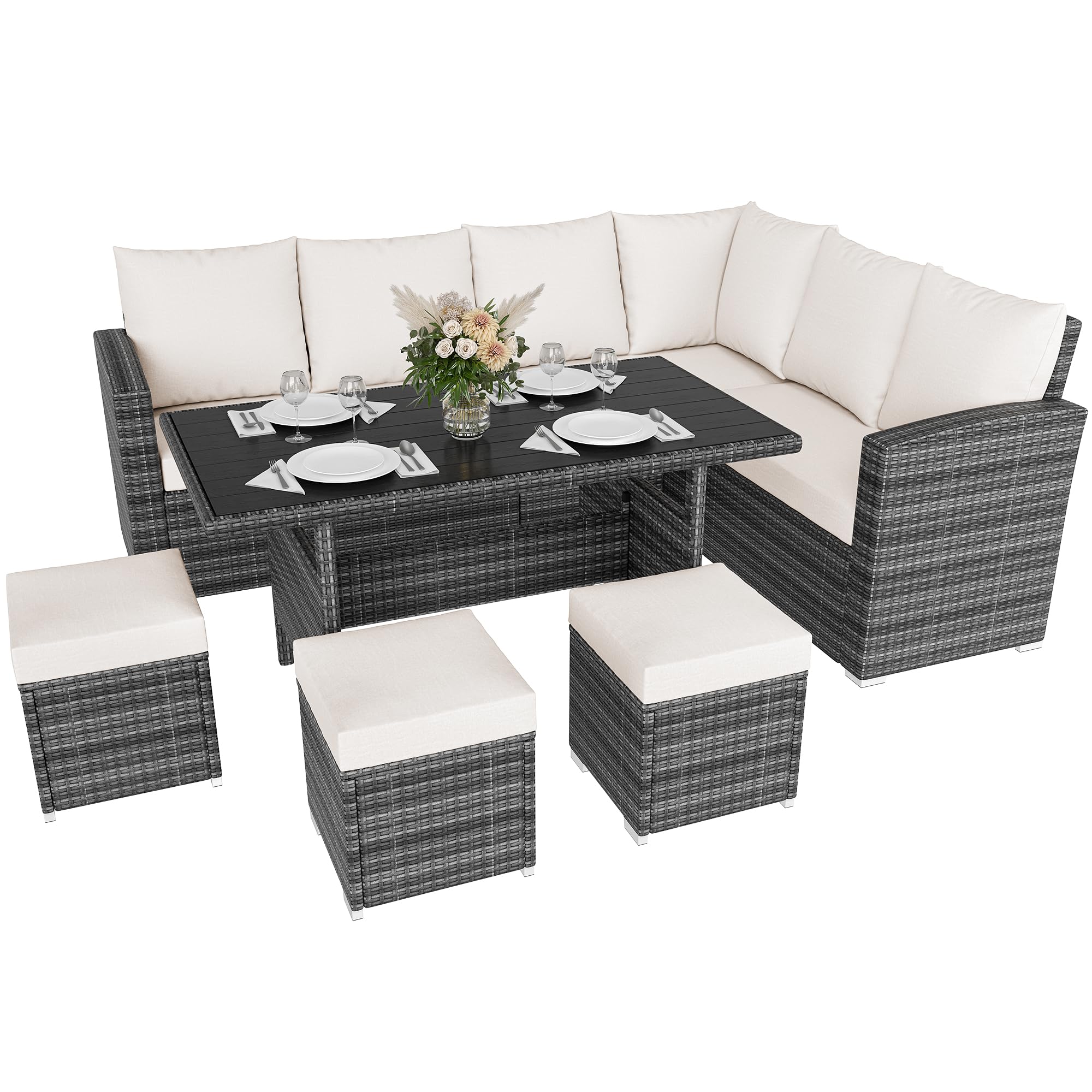 IDEALHOUSE 7 Pieces Outdoor Dining Set,Patio Sectional Sofa Conversation Set All Weather Wicker Rattan Couch Dining Table & Chair with Ottoman Beige