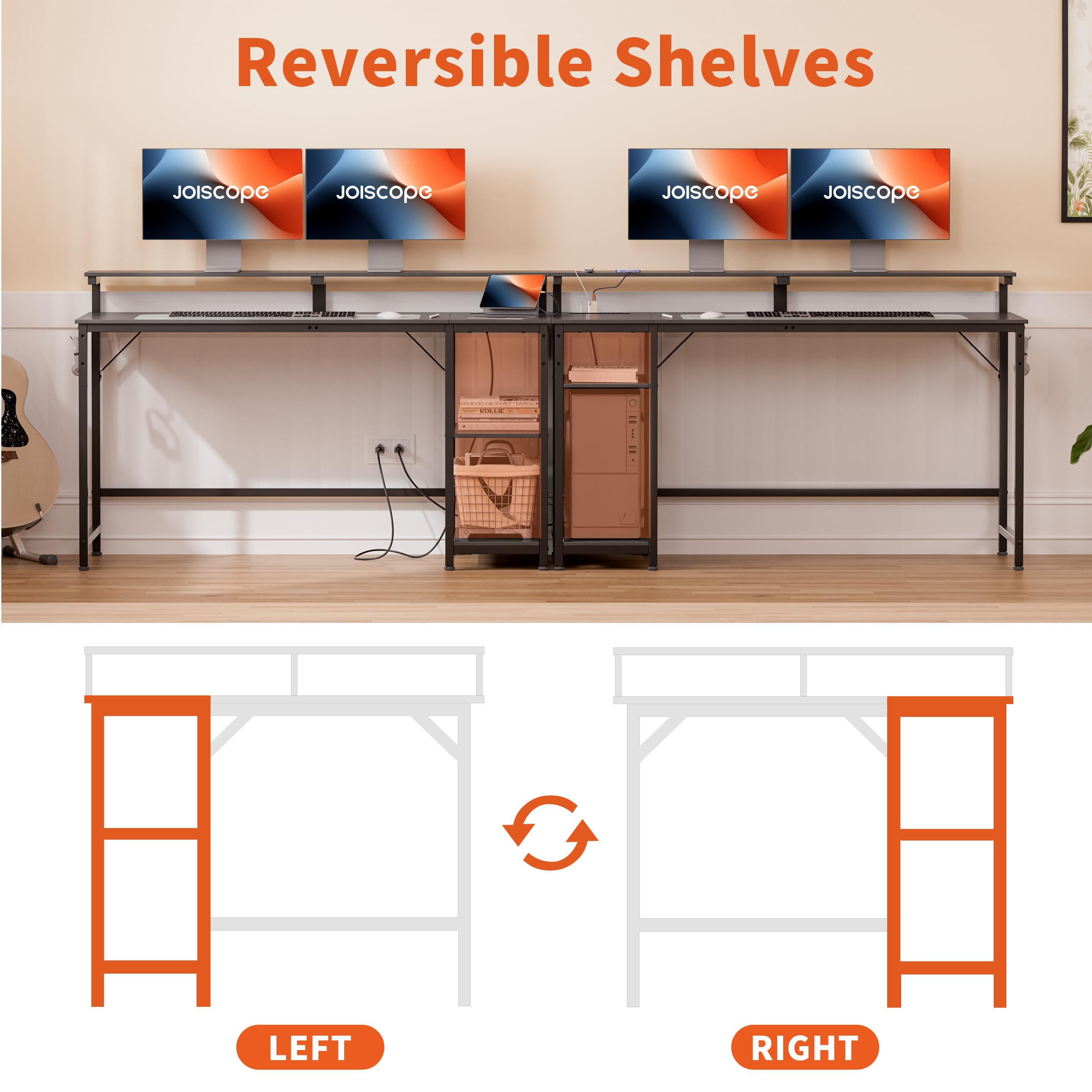 JOISCOPE Home Office Desk with Power Outlets (3AC, USB, Type-C), 60 × 20 Inch Computer Desk with Reversible Shelves, Laptop Table with Display Riser, Gaming Study Drafting Table for Bedroom, Black