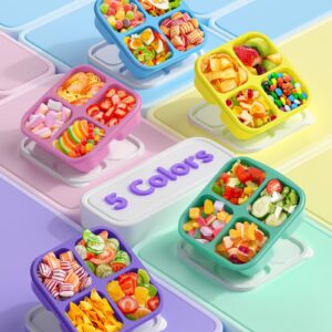 5 Pcs Bento Snack Containers, Reusable 4 Compartment Divided Food Storage Containers, Divided Lunchable Container for School, Work and Travel (5 Color)