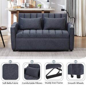 HOMIQUEEN 3-in-1 Convertible Sleeper Sofa Bed, 55.9" Loveseat Pull Out Bed with 3 USB Ports, Sleeper Sofa Couch with 2 Side Pockets, 2 Cup Holders for Living Room, Blue Gray