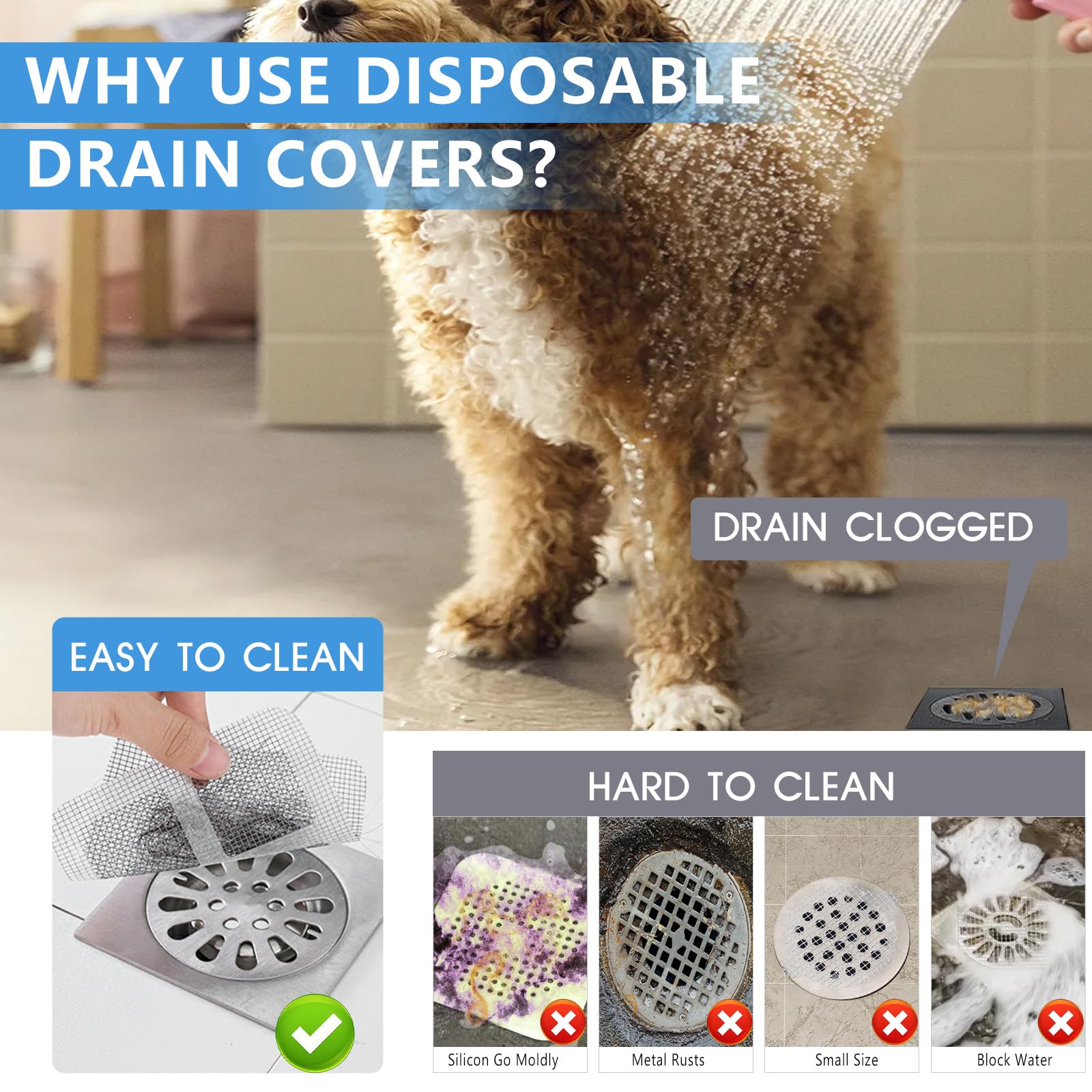 50Pcs Disposable Drain Hair Catcher Shower Drain Covers for Bathroom Sink Drain Strainer Bathtub Drain Protector, Gray