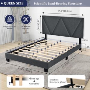 FINATI Queen Bed Frame, Wood Platform Bed Frame Queen Size with Fully Fabric Upholstered Headboard/Mattress Foundation/Strong Wooden 10-Slats Support, Noise Free, No Box Spring Needed, Easy Assembly