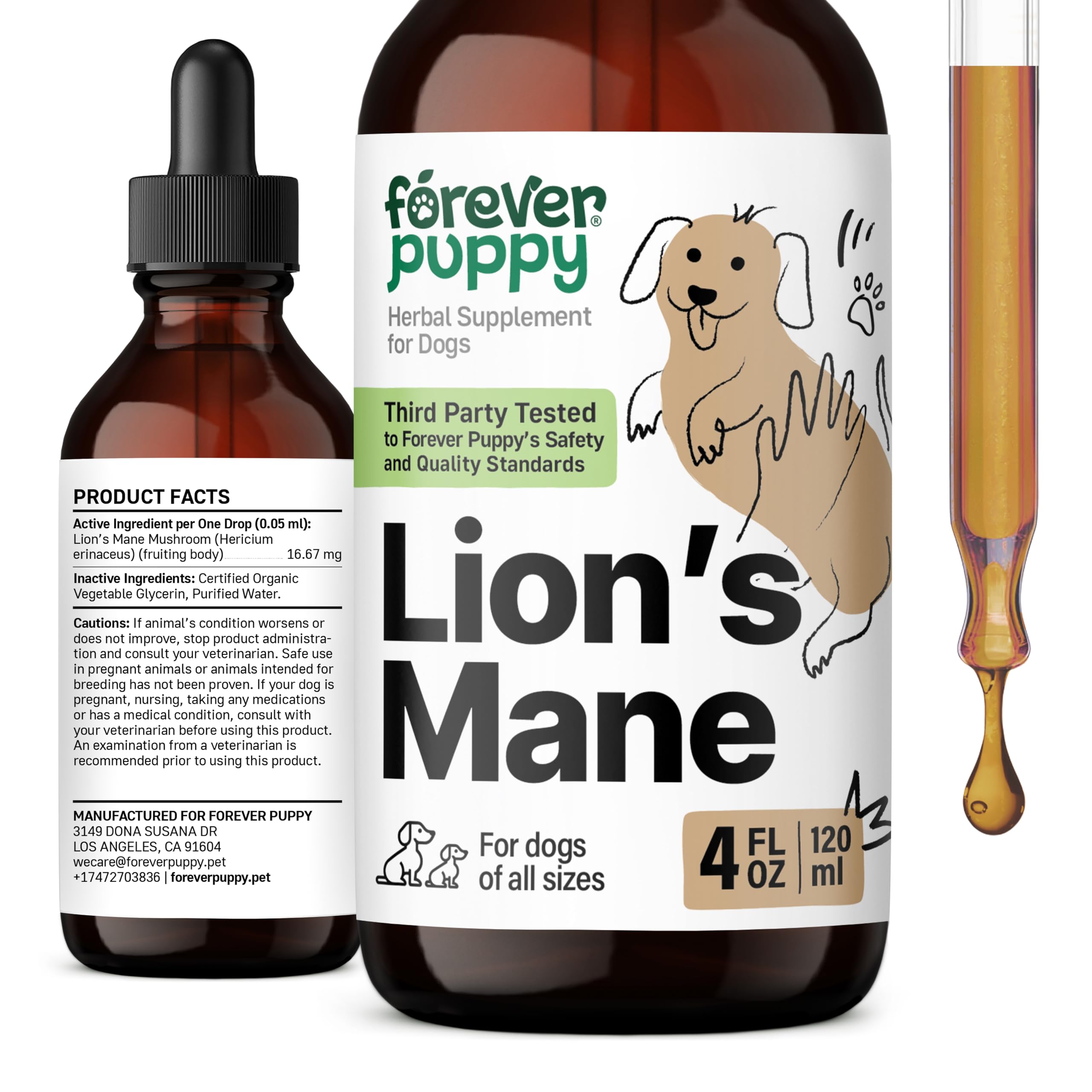 Lion's Mane Mushroom Supplement for Dogs - Liquid Drops for Dog Brain Health w/Lions Mane - Vegan Dog Supplements - Vitamins for Essential Brain Support & Focus - No Preservatives - 4 oz