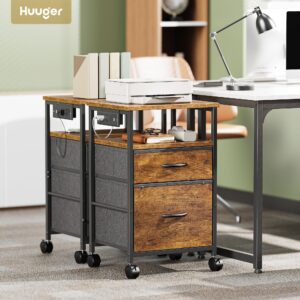 Huuger File Cabinet with Power Outlets, 2 Drawer Filing Cabinet, Printer Stand with Storage, Rolling File Cabinet with Lockable Wheels/Adjustable Feet, Open Shelf, Wood Top, Rustic Brown