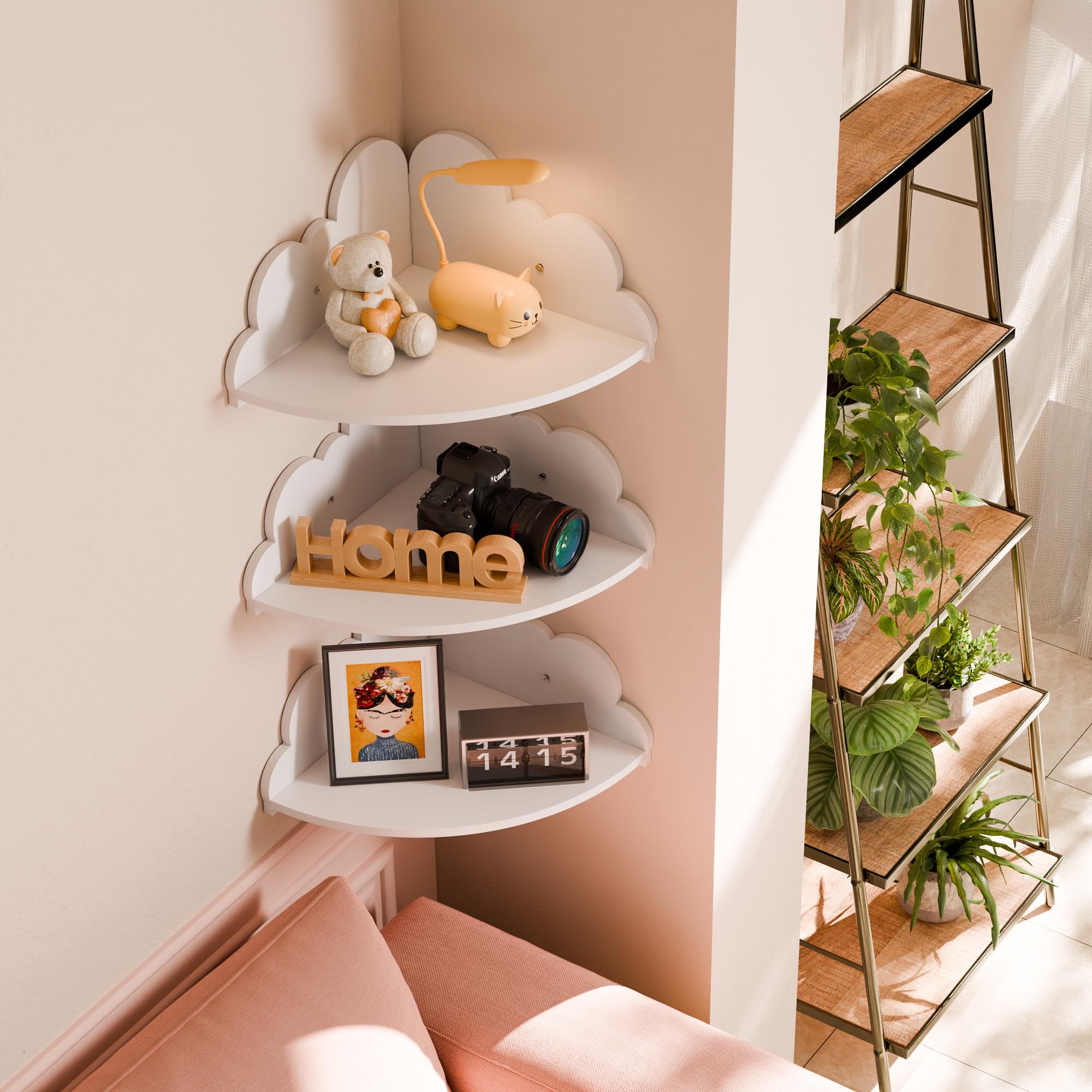 Beskadi Cloud Floating Corner Shelves - Set of 3 Cloud Corner Wall Shelves for Kid’s Room, White Corner Shelf Nursery Wall Deor, Small Cute Cloud Dispaly Shelf Wall Mounted for Toys, Plants & Storage.