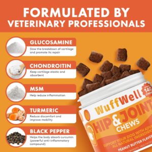 WuffWell Dog Hip and Joint Supplement - Pain and Inflammation Relief Chews with Glucosamine, Chondroitin, MSM, Turmeric - 140ct - Treats Hip Dysplasia, Arthritis - Dogs Chewable Supplements - USA Made