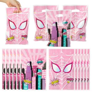 andi cppss pink spider party bags - 50pcs pink spider party gift bags for kids, plastic goodies bags with handle for pink spider theme party supplies, baby show birthday party treat candy snack bags