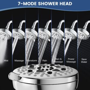 D DUSSAL Shower Head High Pressure 7-Spray Setting 4.7" High Flow Fixed Showerheads Rain Showerhead with Chrome Plated Finish, 360°Adjustable Brass Swivel Ball, Anti-Clogging Silicone Nozzles Joint