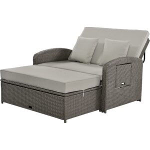 Wicker Patio Outdoor Daybed with Adjustable Backrest, Outdoor Sun Bed with Storage Ottoman & Foldable Trays, Wicker Rattan Daybed with Cushions and Pillows for Poolside, Porch, Backyard (Grey)