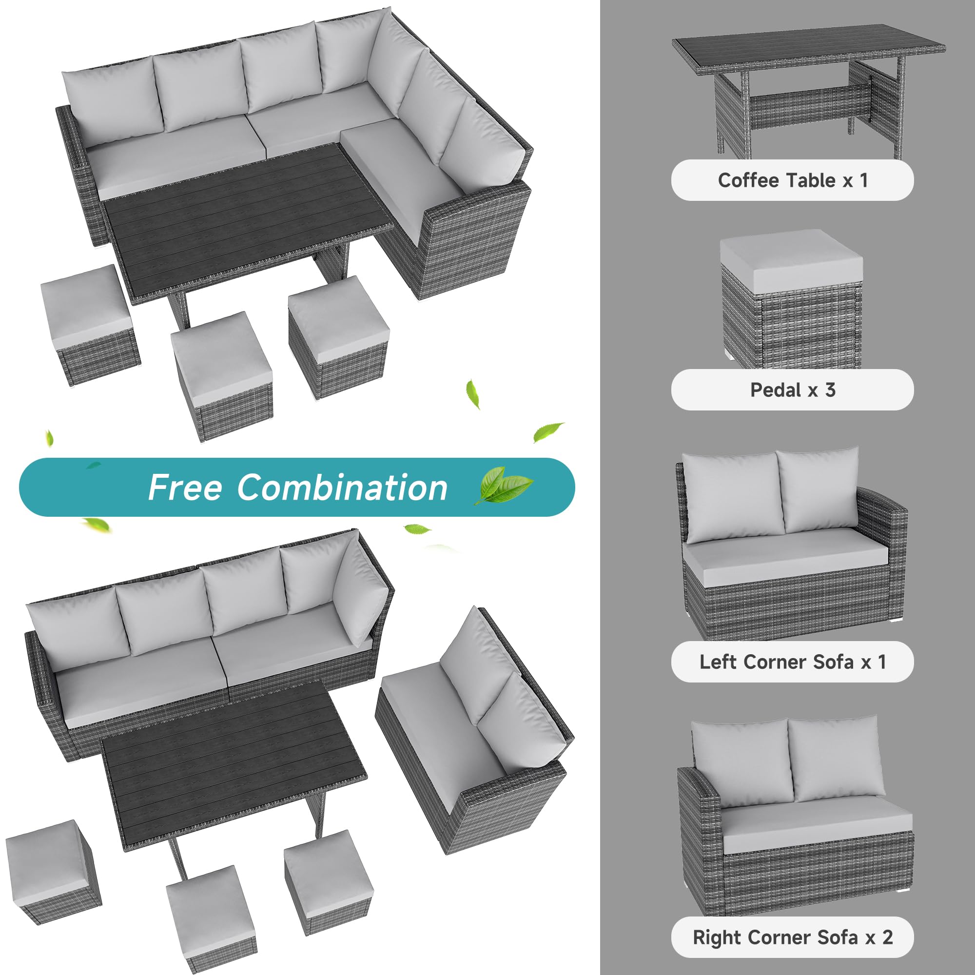 IDEALHOUSE 7 Pieces Outdoor Dining Set,Patio Sectional Sofa Conversation Set All Weather Wicker Rattan Couch Dining Table & Chair with Ottoman Grey