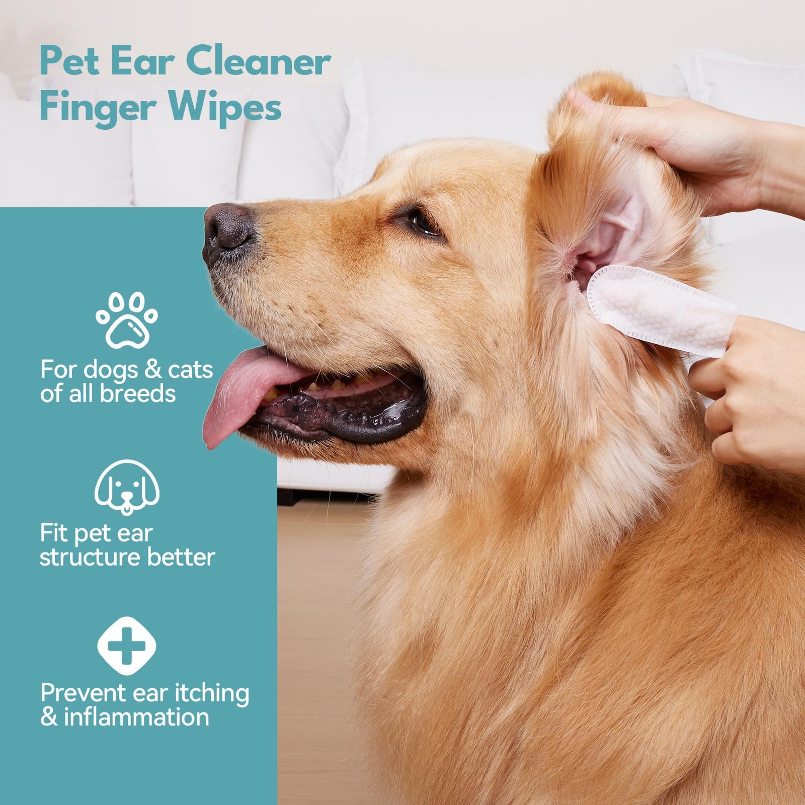 No Pawblems Natural Ear Wipes Finger for Dogs & Cats Comfy Finger Design | Clean Ear Wax, Debris & Dirt Gently | 50 Count Pack